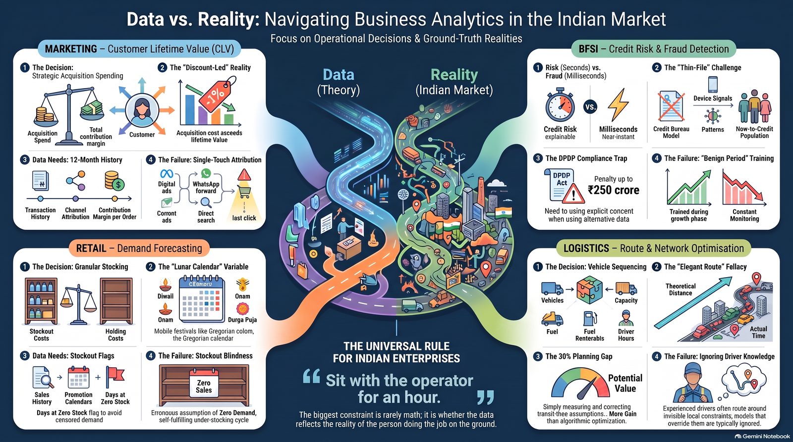 Indian market business analytics use cases infographic across marketing, BFSI, retail and logistics