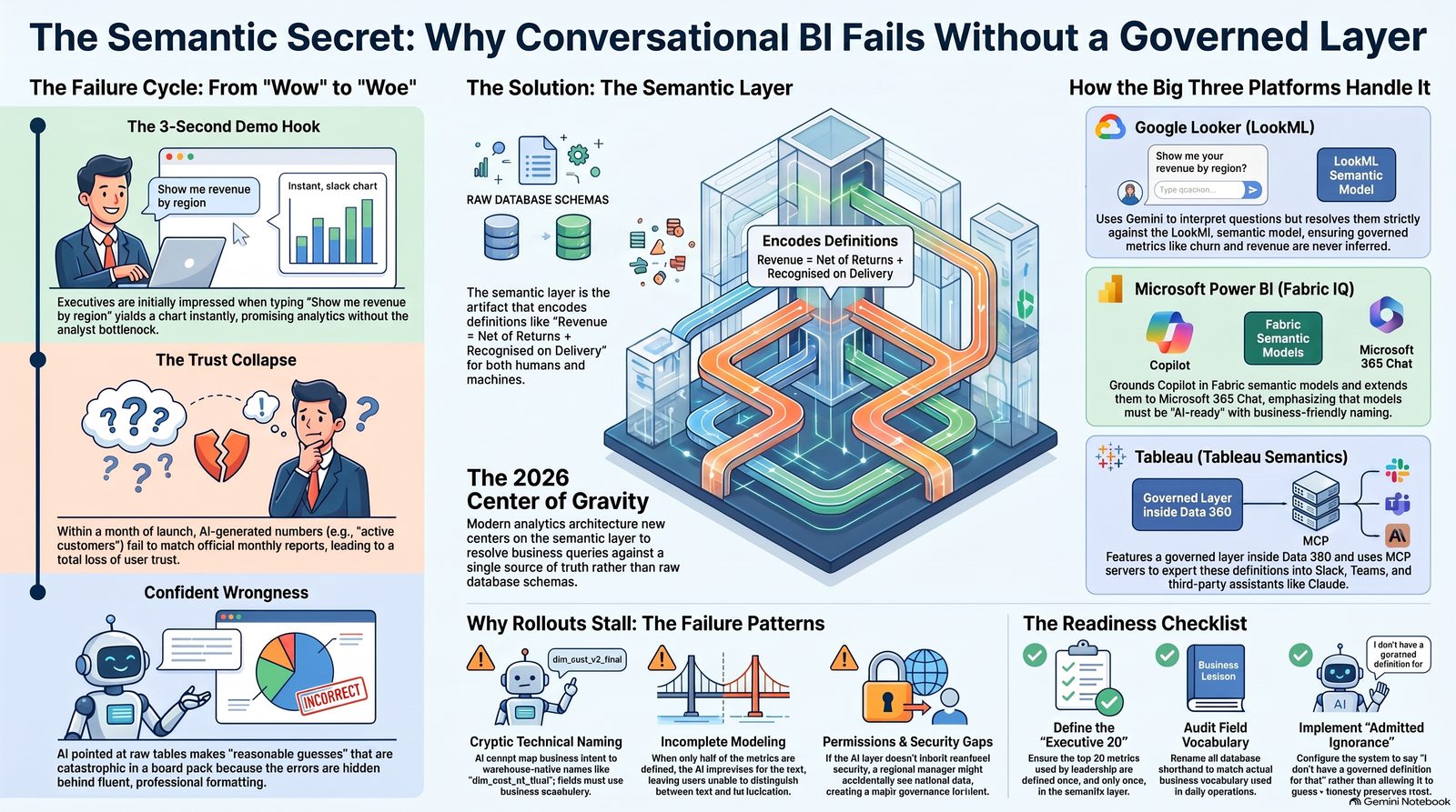 Conversational BI infographic: why natural language query fails without a governed semantic layer