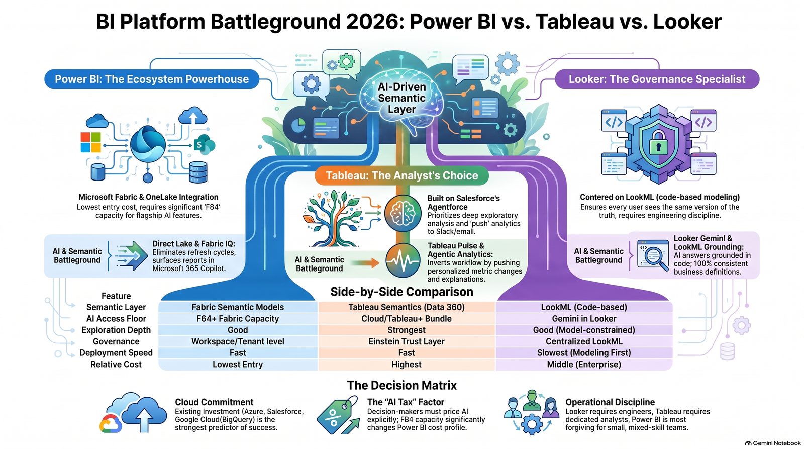 Power BI vs Tableau vs Looker 2026 comparison infographic on semantic layer, AI access, governance and cost